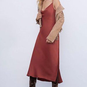 Elyse Bias Slip Midi Dress Rust